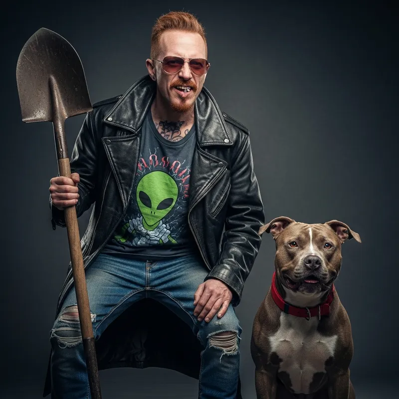 Crazy Angry Red-Haired Addict Man in Sunglasses with Shovel and Pit Bull