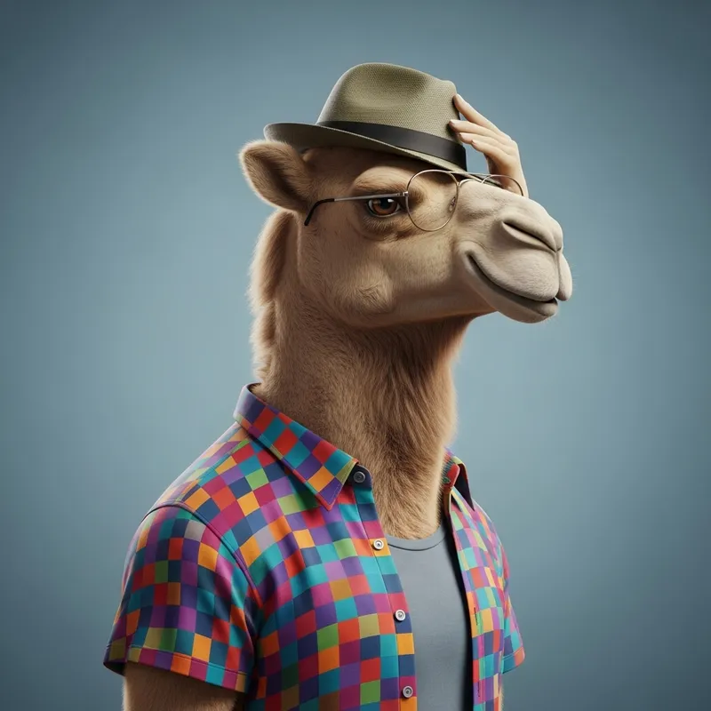 Anthropomorphic Camel Profile Picture with Friendly Expression and Casual Outfit