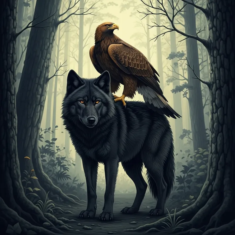Black Wolf and Golden Eagle in Forest - Power Animals