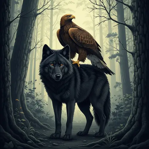 Black Wolf and Golden Eagle in Forest
