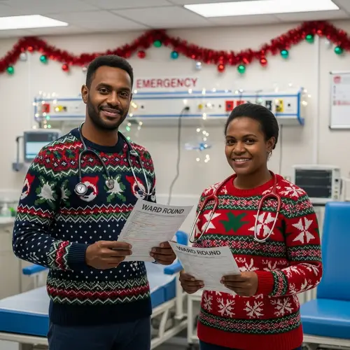 Male Doctor and Female Nurse in Festive Sweaters - Emergency Department Scene