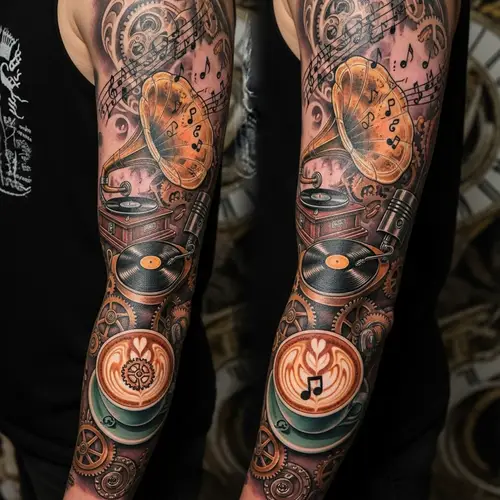 Steampunk Music and Latte Art Full-Arm Tattoo Design