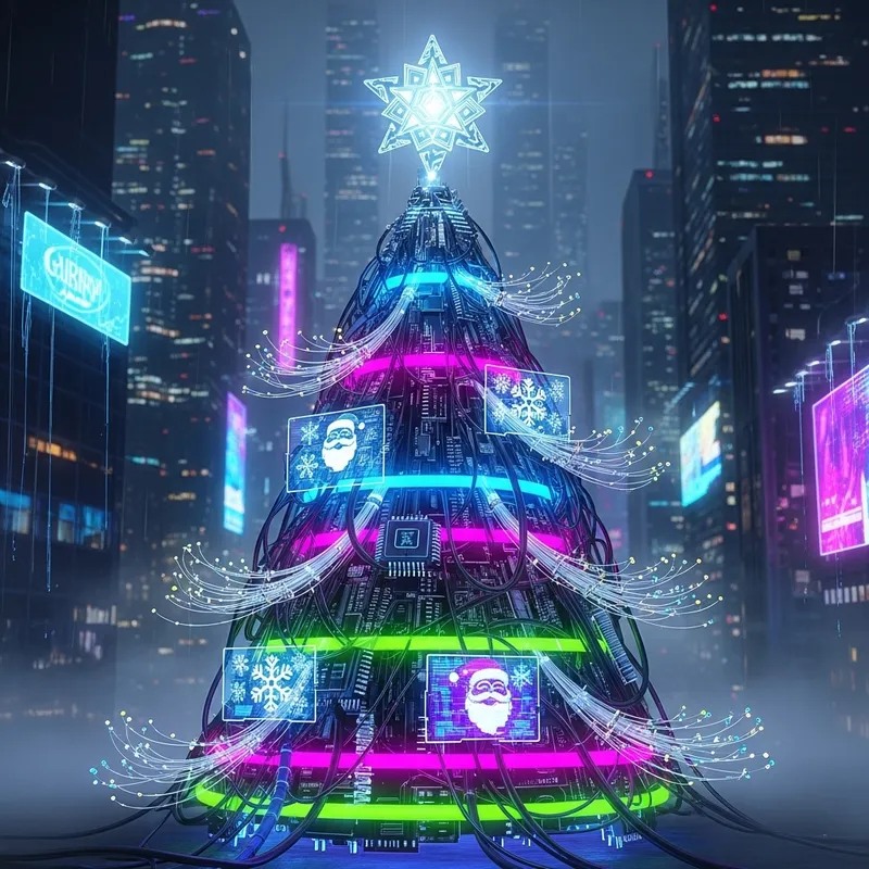Neon Cyberpunk Christmas Tree: Digital Sci-Fi Holiday Decor
