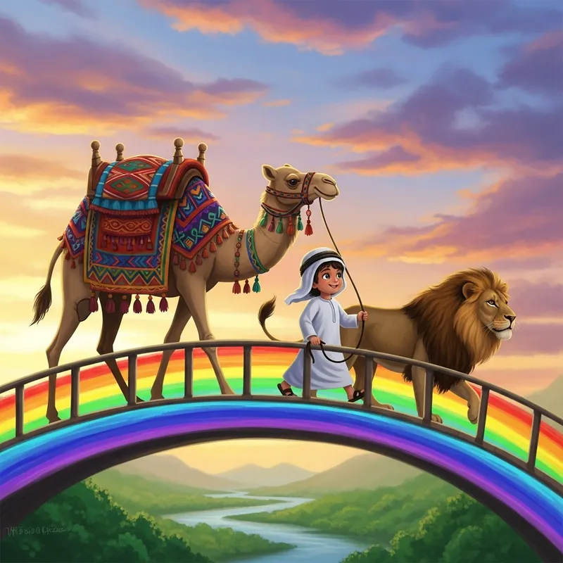 Child Leading Camel and Lion Across Rainbow Bridge