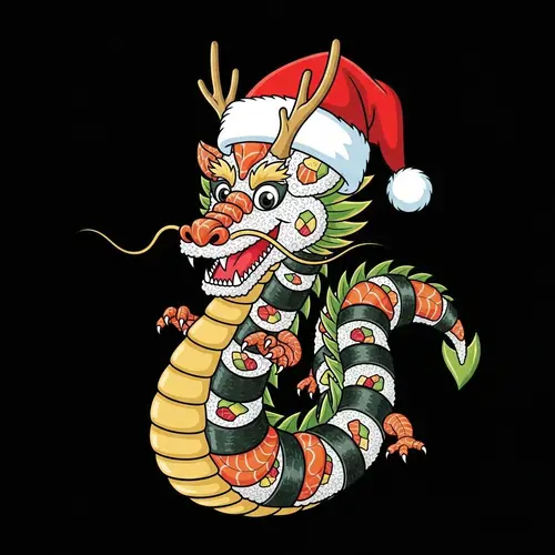 Whimsical Sushi Dragon in Santa Hat - Holiday Vector Art