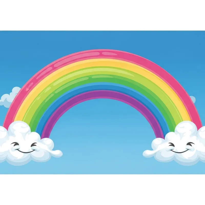 Colorful Green-Pink Cartoon Rainbow with Fluffy Clouds Colorful Green-Pink Cartoon Rainbow with Fluffy Clouds