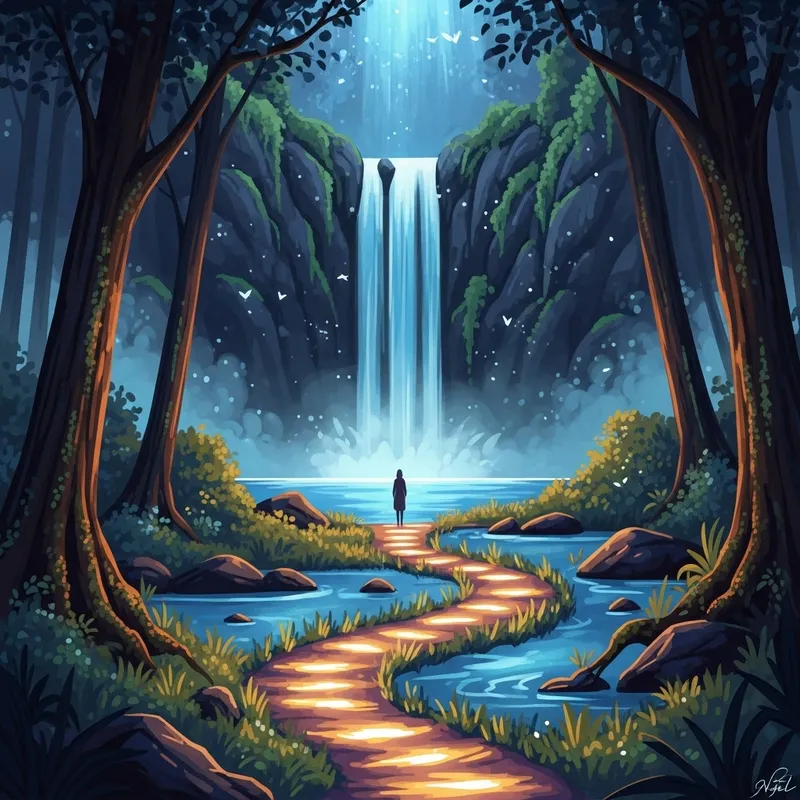 Mystical Forest with Glowing Pathway to Waterfall Mystical Forest with Glowing Pathway to Waterfall