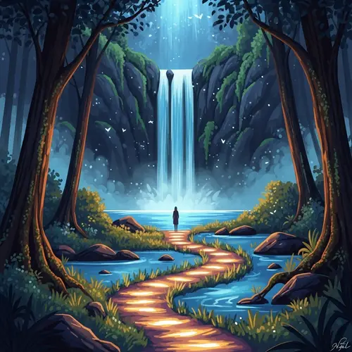 Mystical Forest with Glowing Pathway to Waterfall