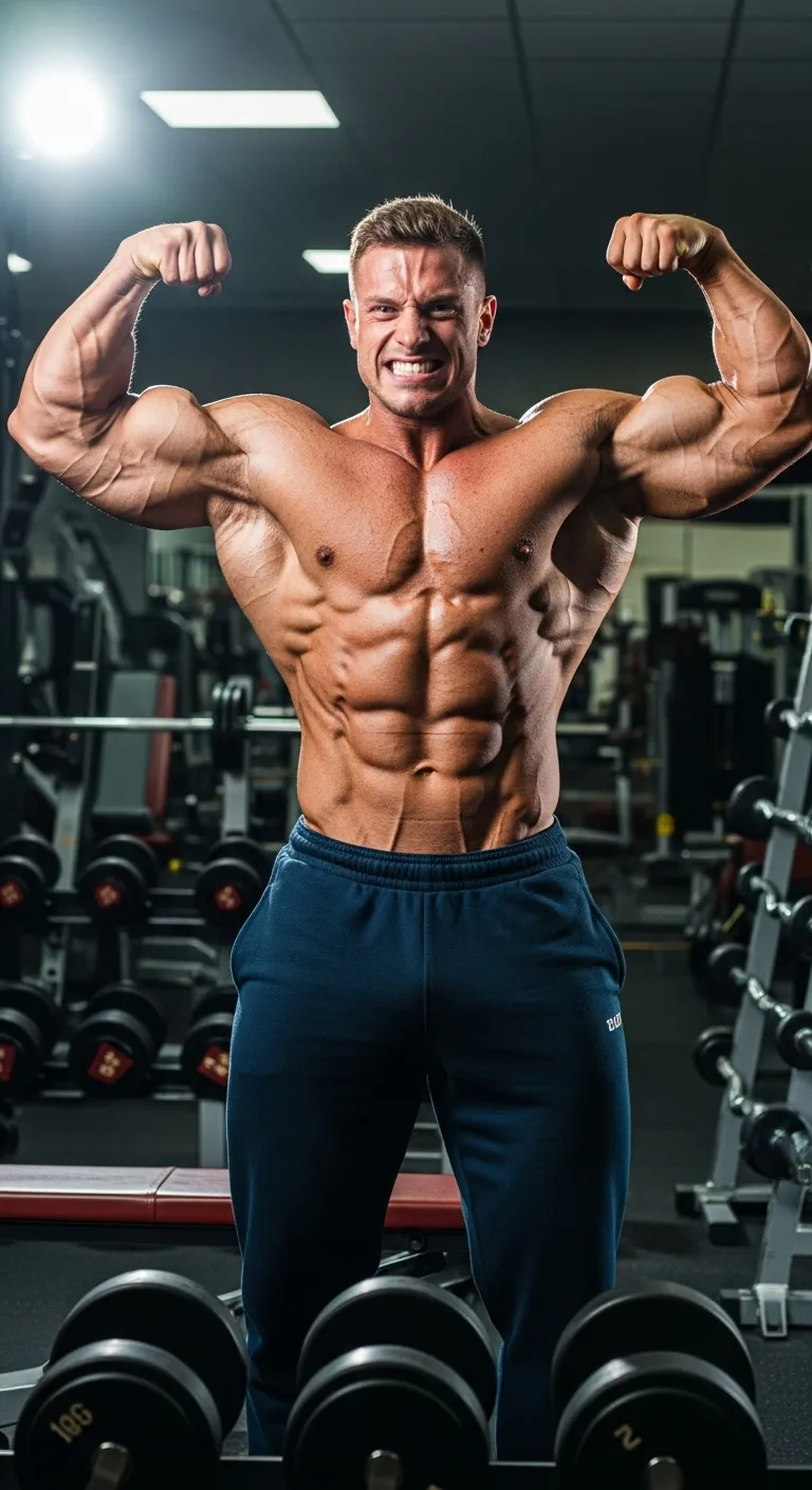 Muscular Person Flexing in Gym Setting