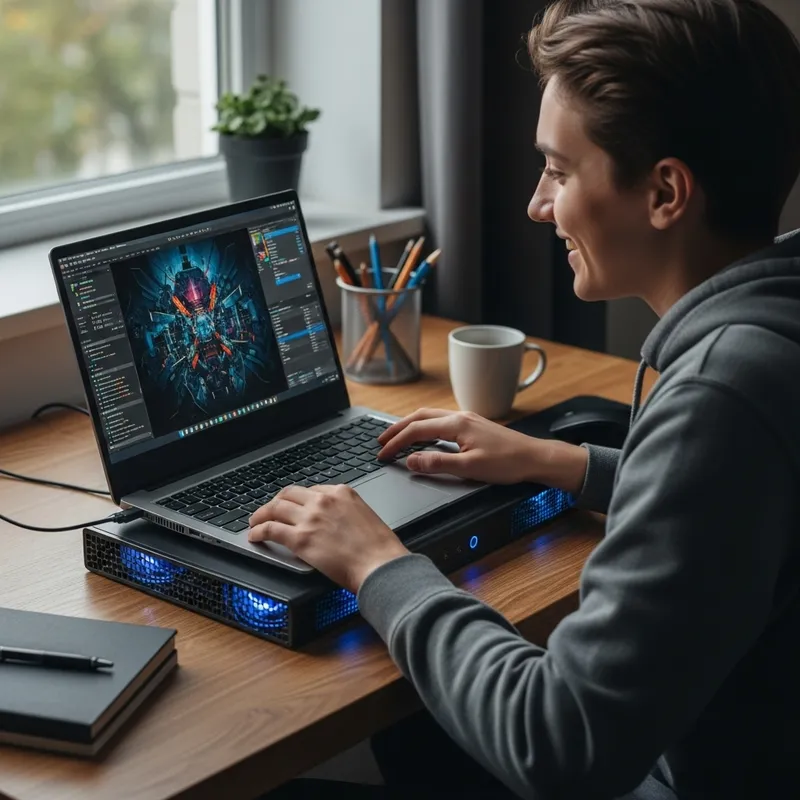 Joyful Computer User with Cooling Pad for Enhanced Comfort