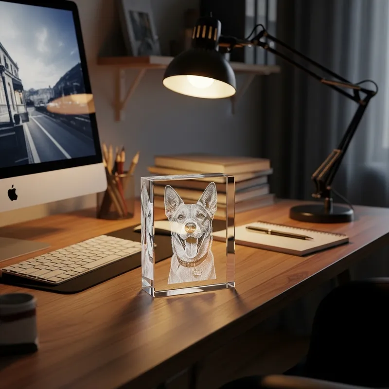 3D Dog Engraving in Crystal on Office Desk