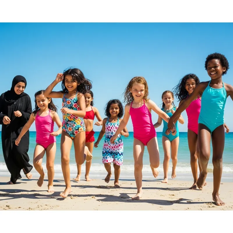 Joyful Little Girls Beach Fun | Colorful Swimsuits Vintage Vibes