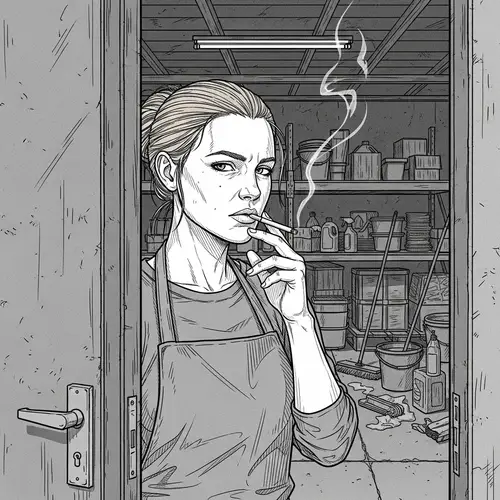 Caucasian Female Janitor Sketch - Grey Apron & Serious Expression