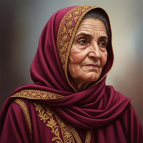 Qatari Lady in Traditional Burgundy Abaya and Gold Embroidered Hijab