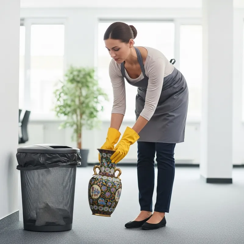 European Cleaning Lady Picks Up Vase | Serious Expression European Cleaning Lady Picks Up Vase | Serious Expression