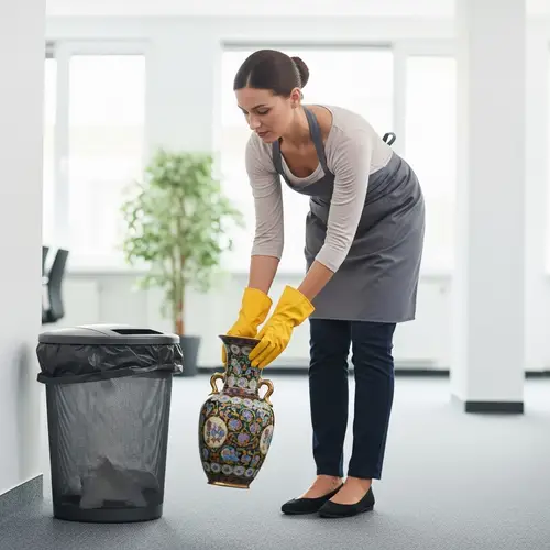 European Cleaning Lady Picks Up Vase | Office Setting