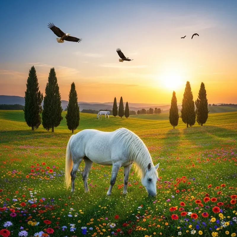Idyllic Meadow with Flowers, Majestic Horse, and Soaring Eagles