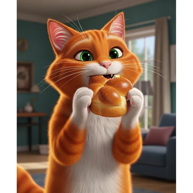 Charming Orange Cat Enjoys Brioche in Aesthetic Setting