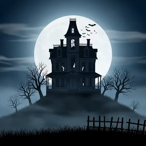 Spooky Haunted House on Hill | Full Moon Silhouette