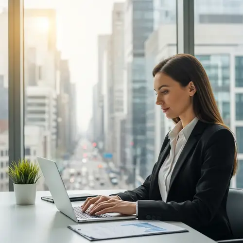 Female Consultant Typing on Laptop in Modern Office Setting