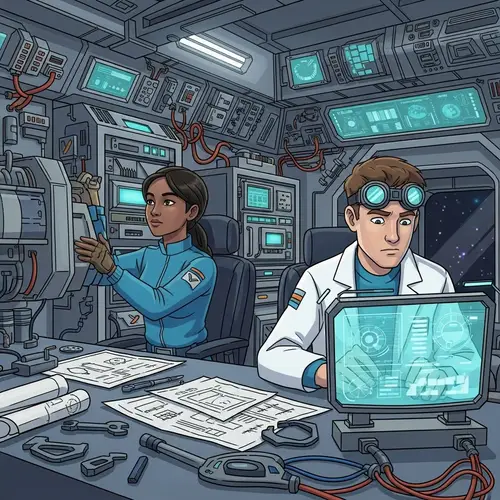 Futuristic Space Engineer and Scientist in Cartoon Spaceship