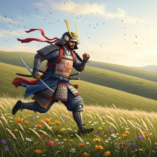Middle-Eastern Samurai with Russian Ruble Symbols Running on Grass Hillside