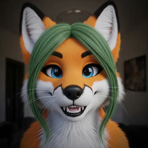 Hyper-Realistic Female Furry Fox Portrait: Blue Eyes & Green Hair
