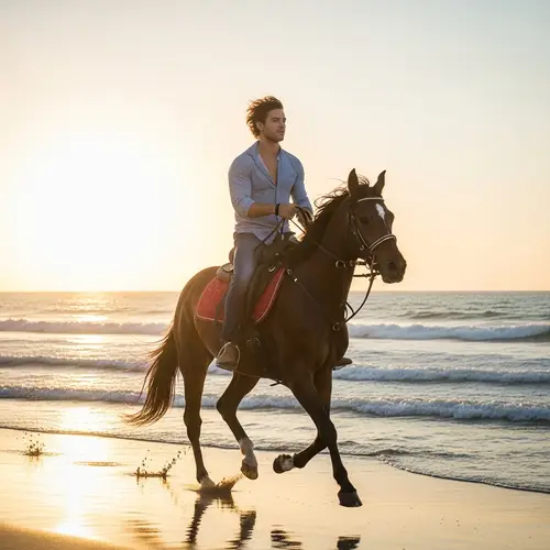Hispanic Man Riding Stallion on Beach at Sunset
