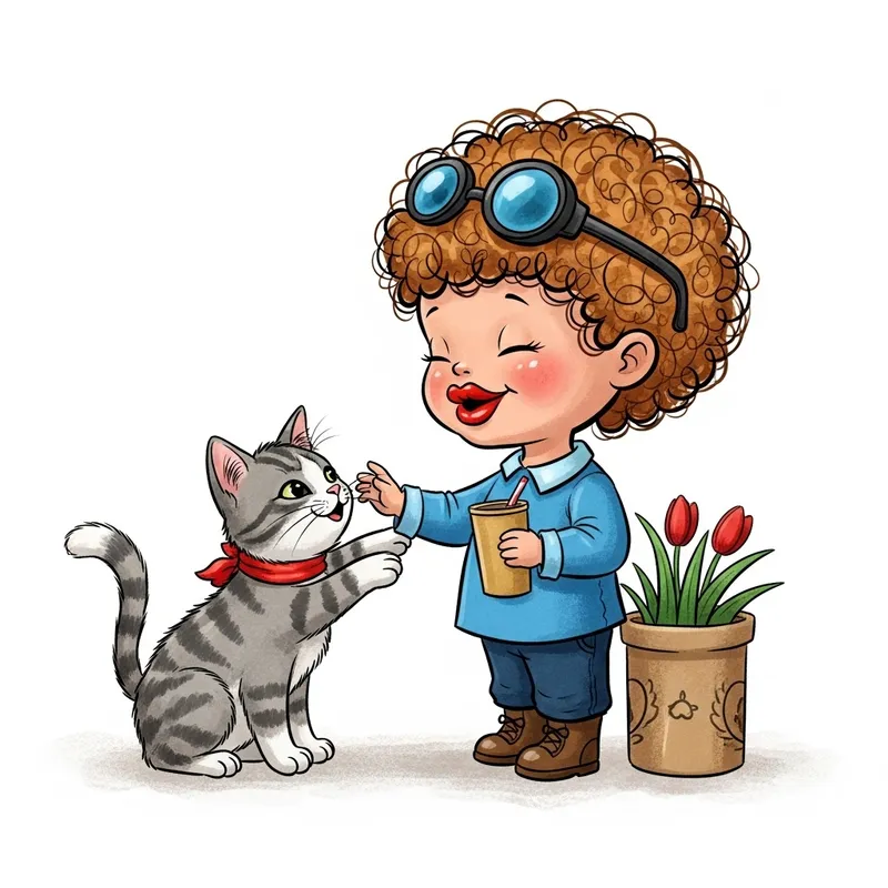 Adorable Kid with Red Lip Playing with Cute Cat Clipart