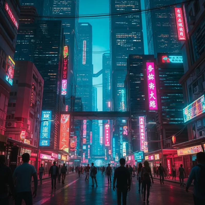 Neon Cyberpunk Cityscape | Vibrant Skyscrapers & Urban Life