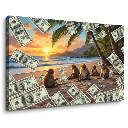 Tropical Beach Scene with Monkeys and US Dollars