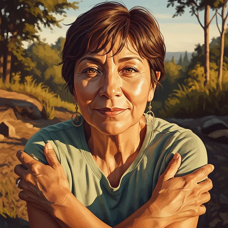 Natural and Relaxed Woman with Soft Brown Hair and Honey-Colored Eyes