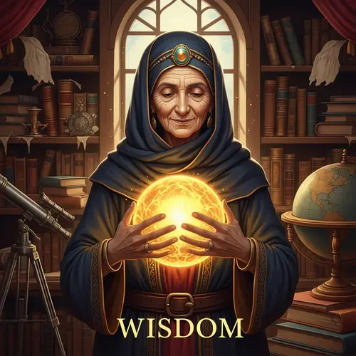 Illustration of Wisdom: Middle-Eastern Elderly Woman with Golden Orb