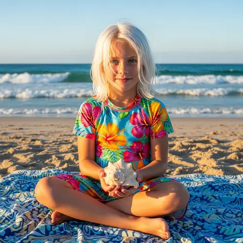 Caucasian Girl with White-Blonde Hair and Blue Eyes at Beach