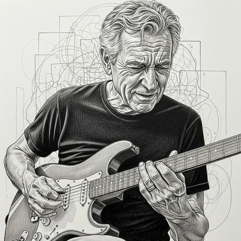 Pencil Drawing of a Guitarist with Abstract Background