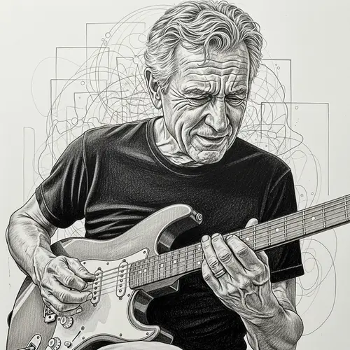 Pencil Drawing of a Guitarist with Abstract Background
