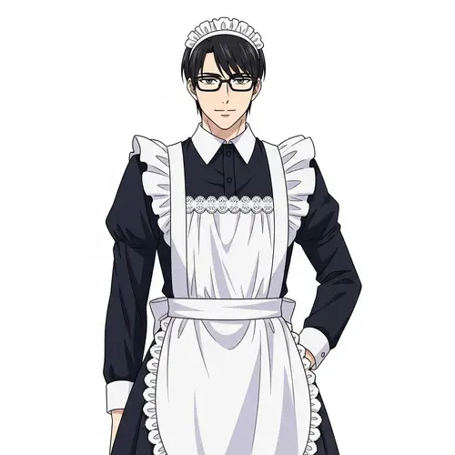 Confident Male Character in Maid Outfit with Glasses