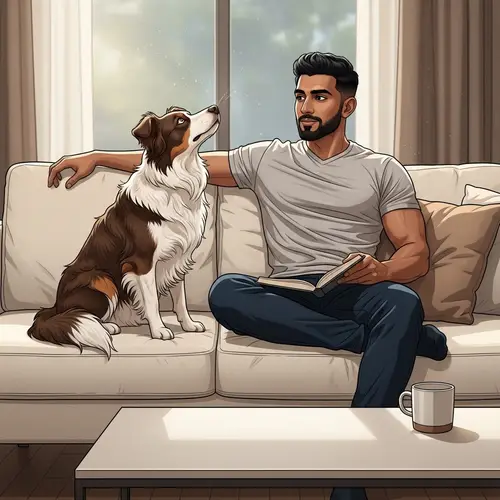 South Asian Male with Athletic Build and Border Collie on Modern Sofa