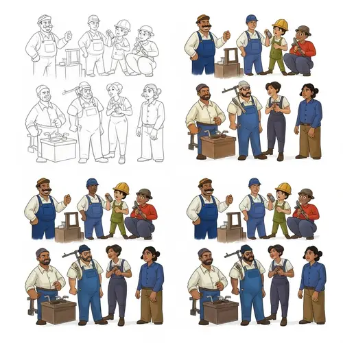 American Cartoon Style Concept Art of Workers in Various Activities