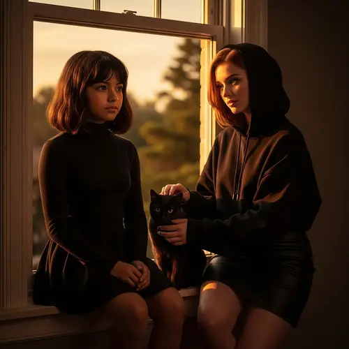 Picturesque Sunset Scene with Two Girls in Edward Hopper Style