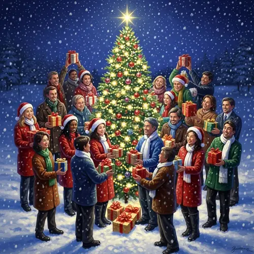 Diverse Group Uniting Around Christmas Tree for Peaceful Holiday Celebration