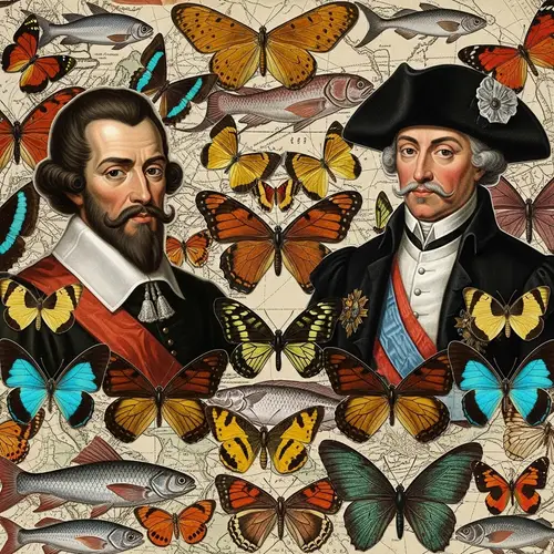 Collage of Butterflies, Fish, and Historical Explorers