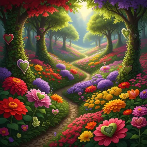 Vibrant Flowers with Heart Patterns | Lush Nature Landscape