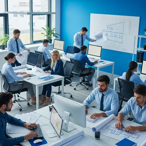 Modern Construction Company Office: Diverse Employees Working in Blue and White Tones