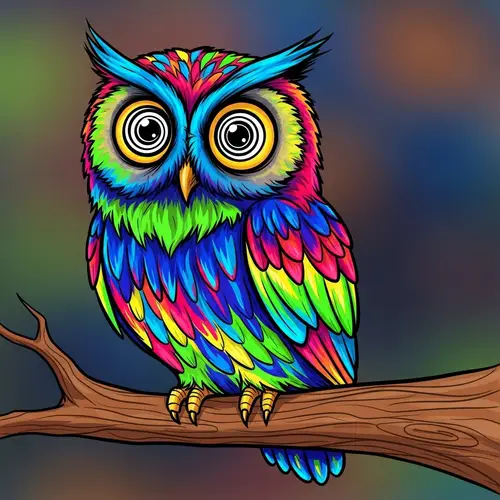 Funny Cartoon Neon Owl with Spiral Eyes