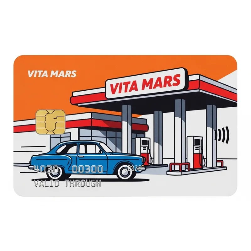Vita Mars Fuel Card | Car & Petrol Station Illustration Vita Mars Fuel Card | Car & Petrol Station Illustration