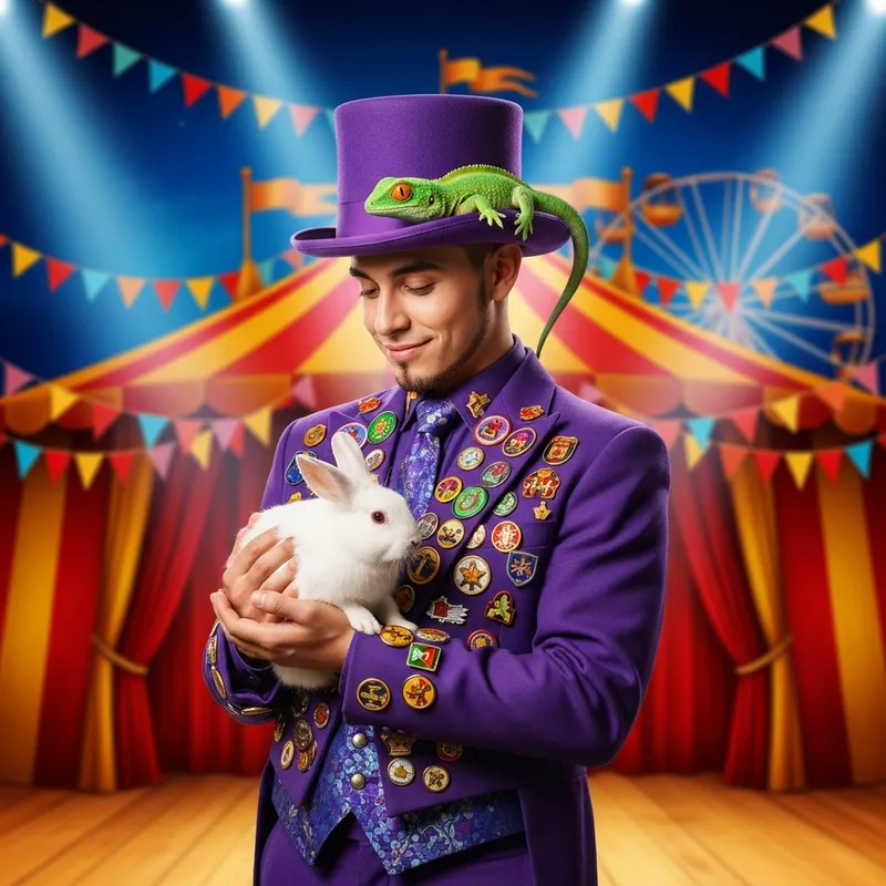 Clean-Shaven Magician in Vibrant Purple Suit with Lizard and Rabbit