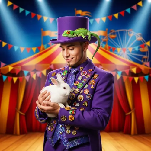 Young Magician in Vibrant Purple Suit - Circus Magic
