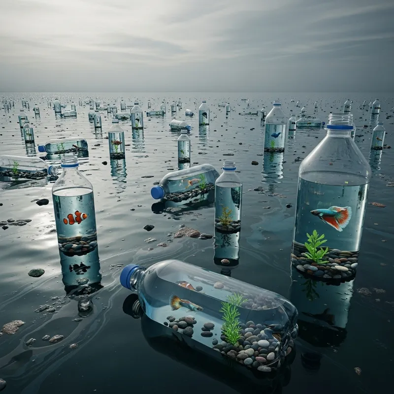 Miniature Ecosystems: Fish in Plastic Bottles Floating in the Sea