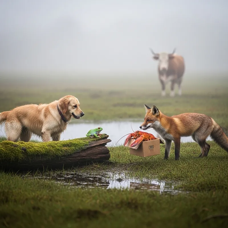Enchanting Marsh Scene with Playful Dog, Sly Fox, and Curious Ox